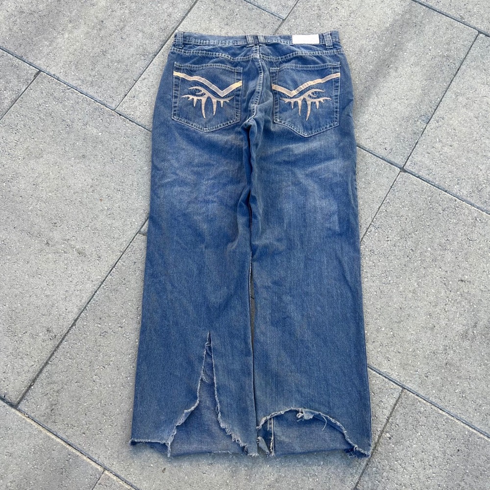 Jeans Colony Mens Distressed Baggy Denim Jeans Blue Embroidered Y2K 34x27